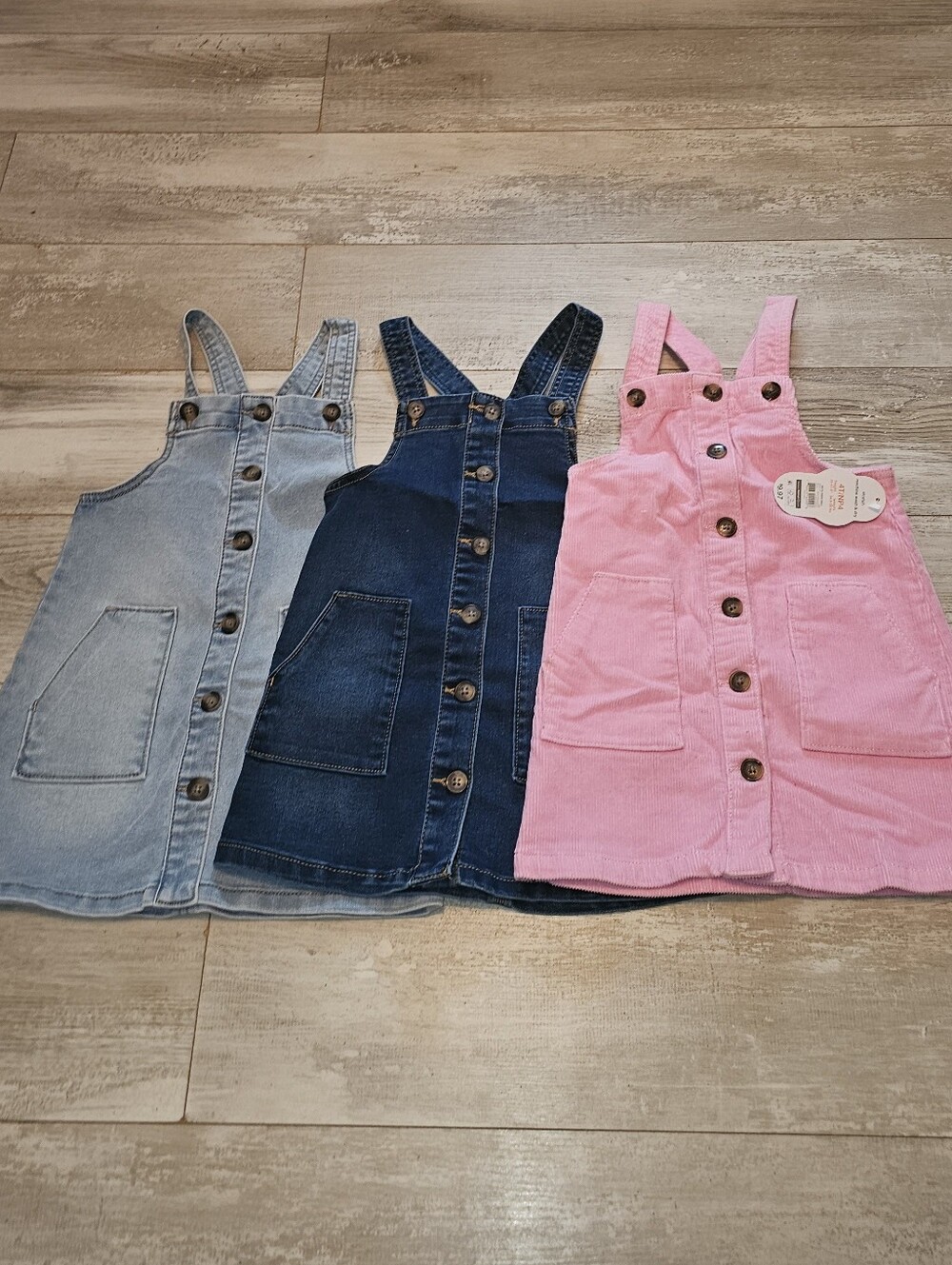 Set Of 3 Girls Button-Front Pinafore Dresses